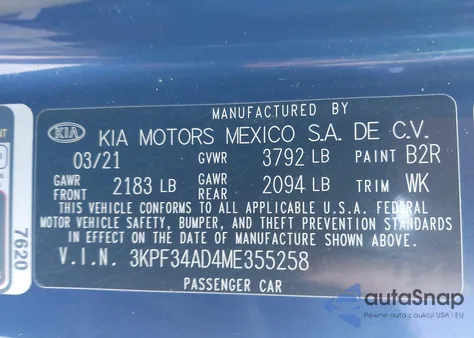 2021 Kia Forte Gt-Line from USA, damaged, VIN 3KPF34AD4ME355258